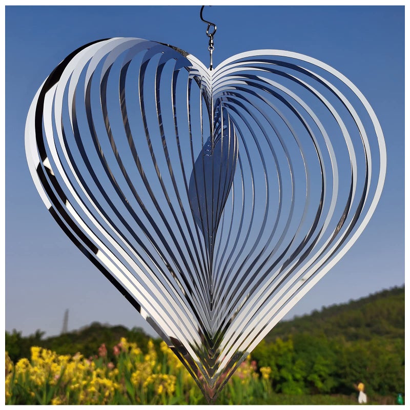 DJUAN Wind Spinner ديكورات معدنية خارجية، مغازل الرياح على شكل قلب فضي للفناء والحديقة، دقات الرياح من الفولاذ المقاوم للصدأ للديكور الخارجي، هدايا عيد ميلاد للأم، هدايا عيد الأم، العمة